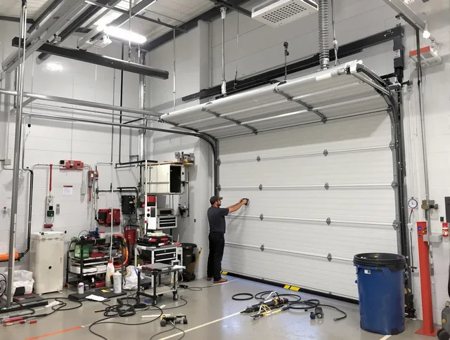 Westchester Garage Door Repair certified technician performing commercial door repair at a Westchester business facility