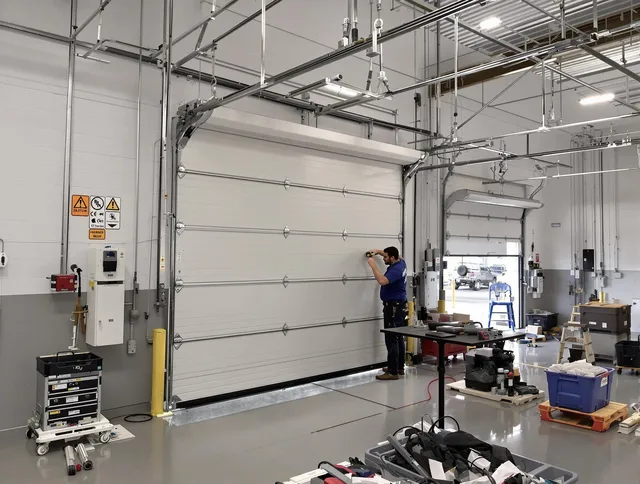 Commercial garage door repair being performed by Westchester Garage Door Repair expert in Westchester