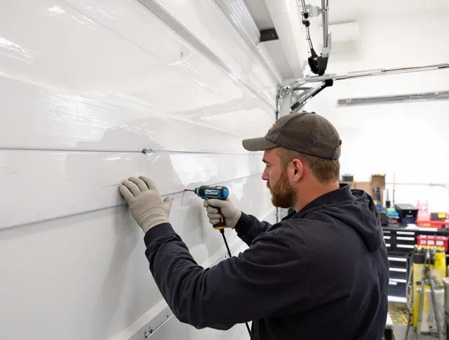 Westchester Garage Door Repair technician demonstrating precision dent removal techniques on a Westchester garage door