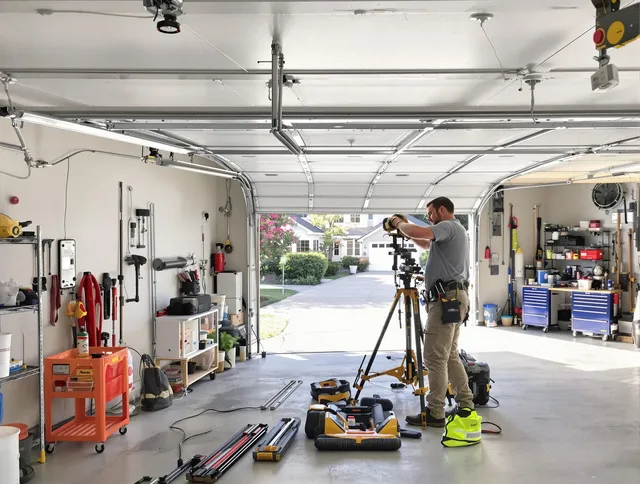 Westchester Garage Door Repair specialist performing laser-guided track alignment in Westchester